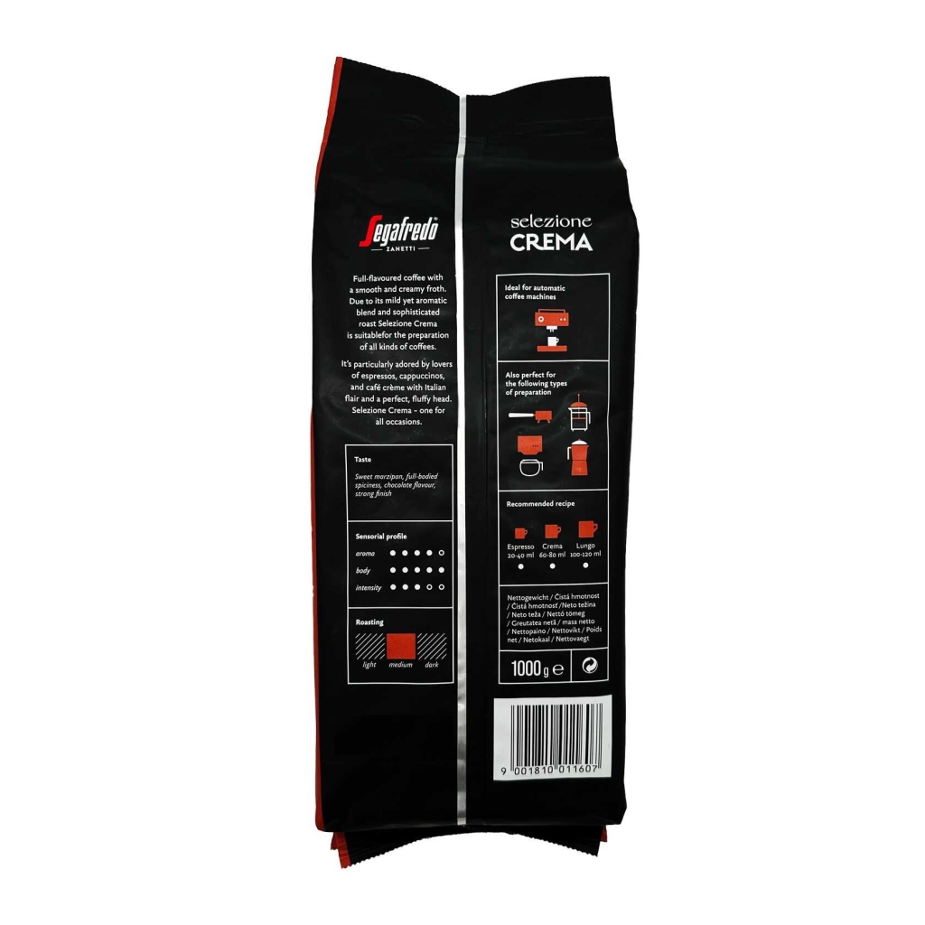 Achteraanzicht van een kilo zak koffiebonen van het merk Segafredo Selezione Crema