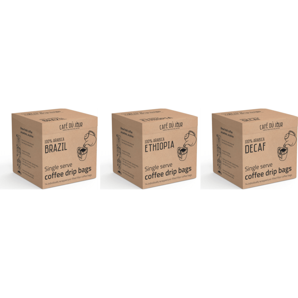 Trio Single Serve Drip Bags - Brasile, Etiopia & Decaf 3 x 14 pezzi