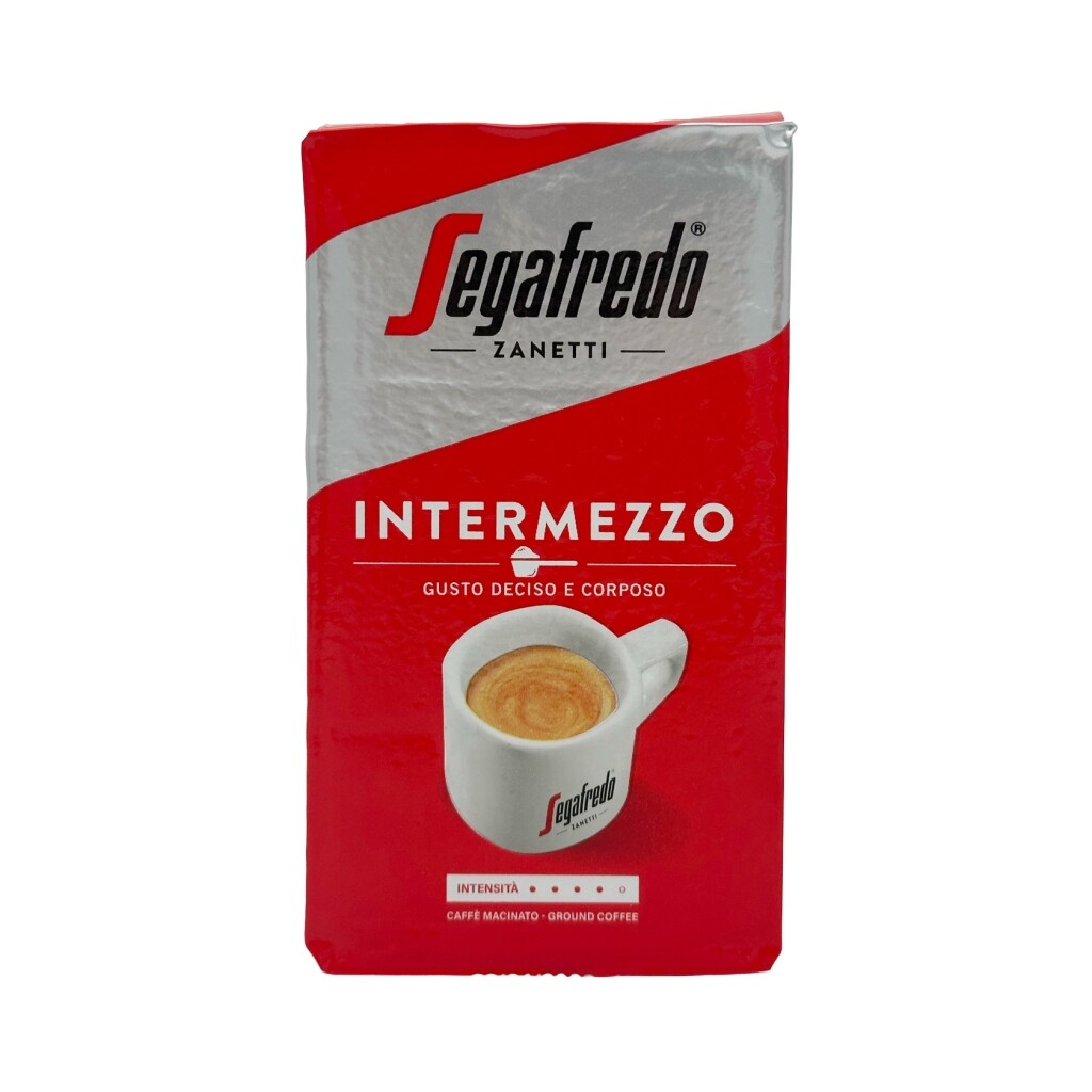 Voorkant van een vacuüm zak gemalen koffie van Segafredo Intermezzo 250 gram