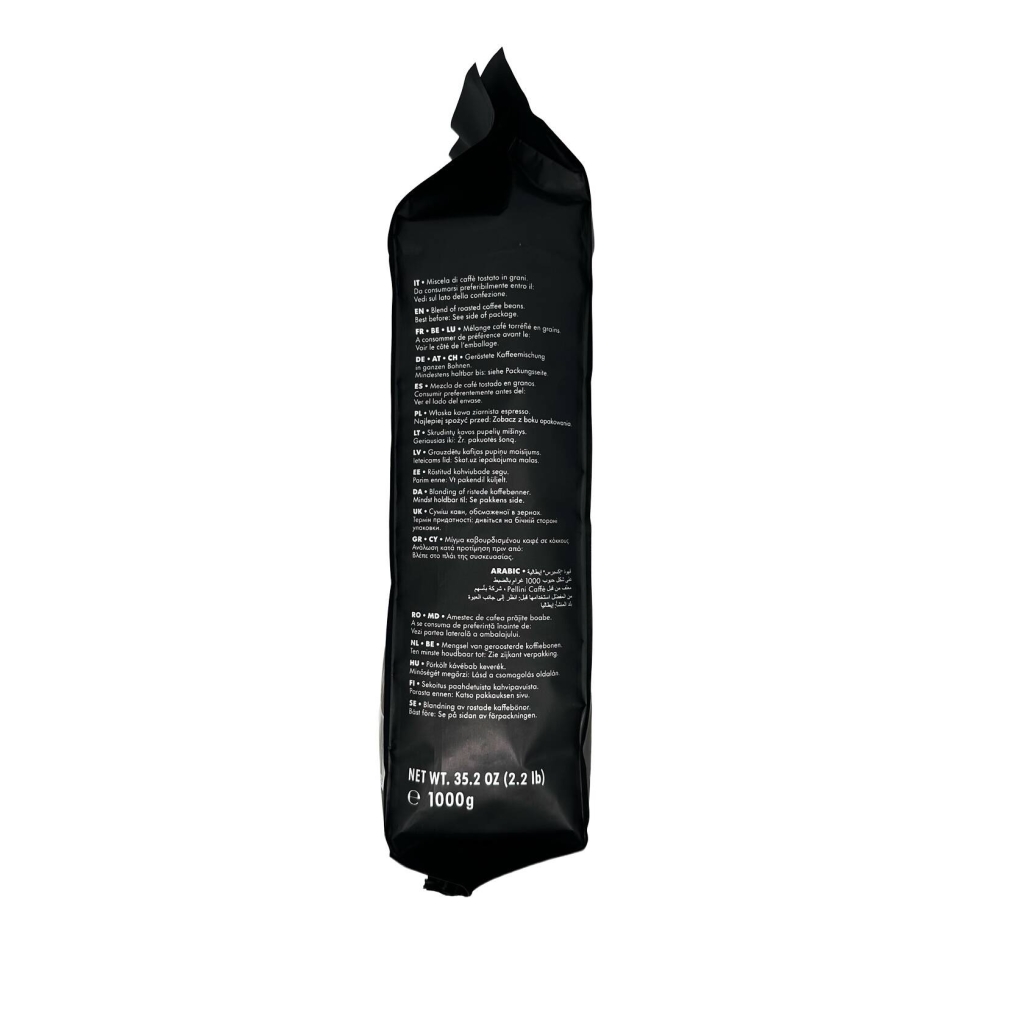 Zijaanzicht van een kilo koffiebonen van het merk Pellini Espresso Bar No 82 Vivace